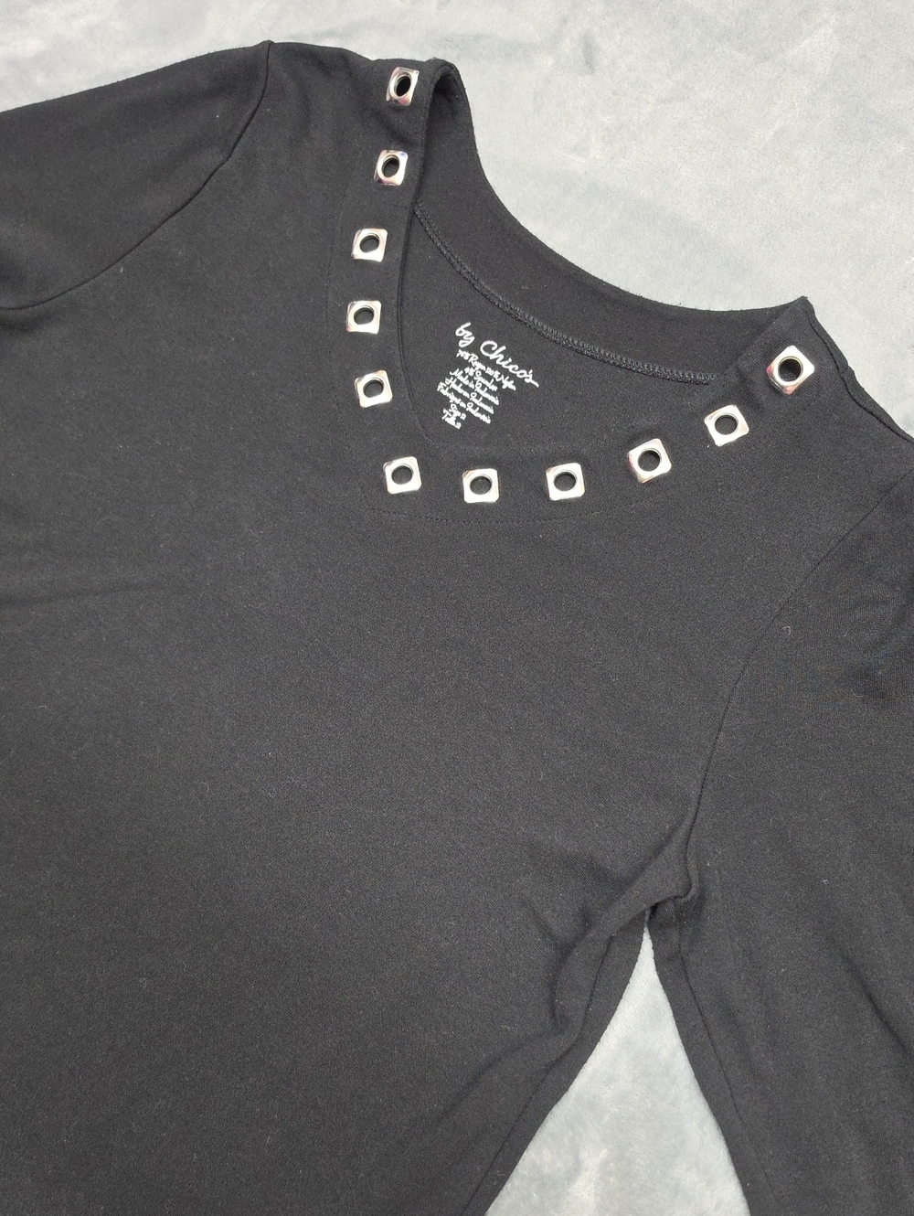 Chico's Black Eyelet-Trim V-Neck Knit Top